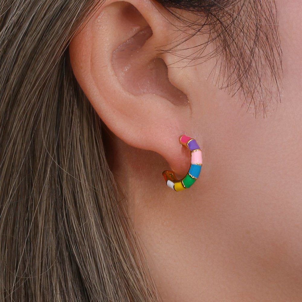 Multi Color Enamel Bamboo C Shape Hoop Huggie Earrings 18K Gold Plated Stainless - Picture 3 of 7